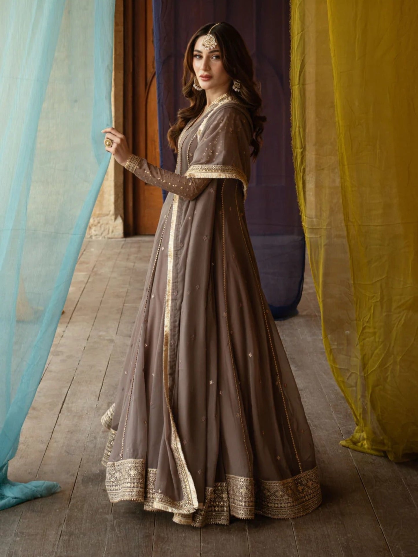 Brown-Hani & Umaima Chiffon Embroidered Pishwas-Kaira