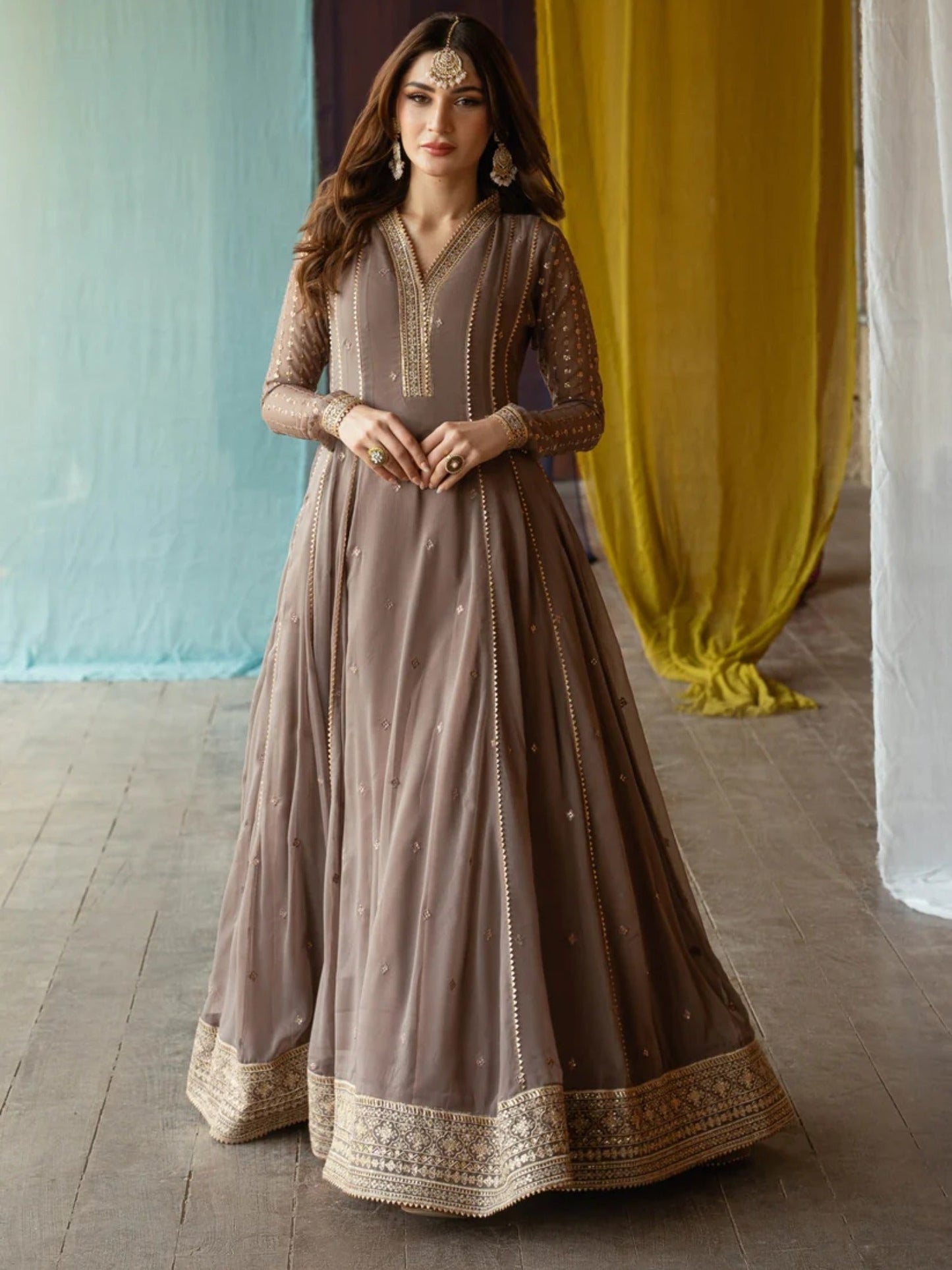 Brown-Hani & Umaima Chiffon Embroidered Pishwas-Kaira