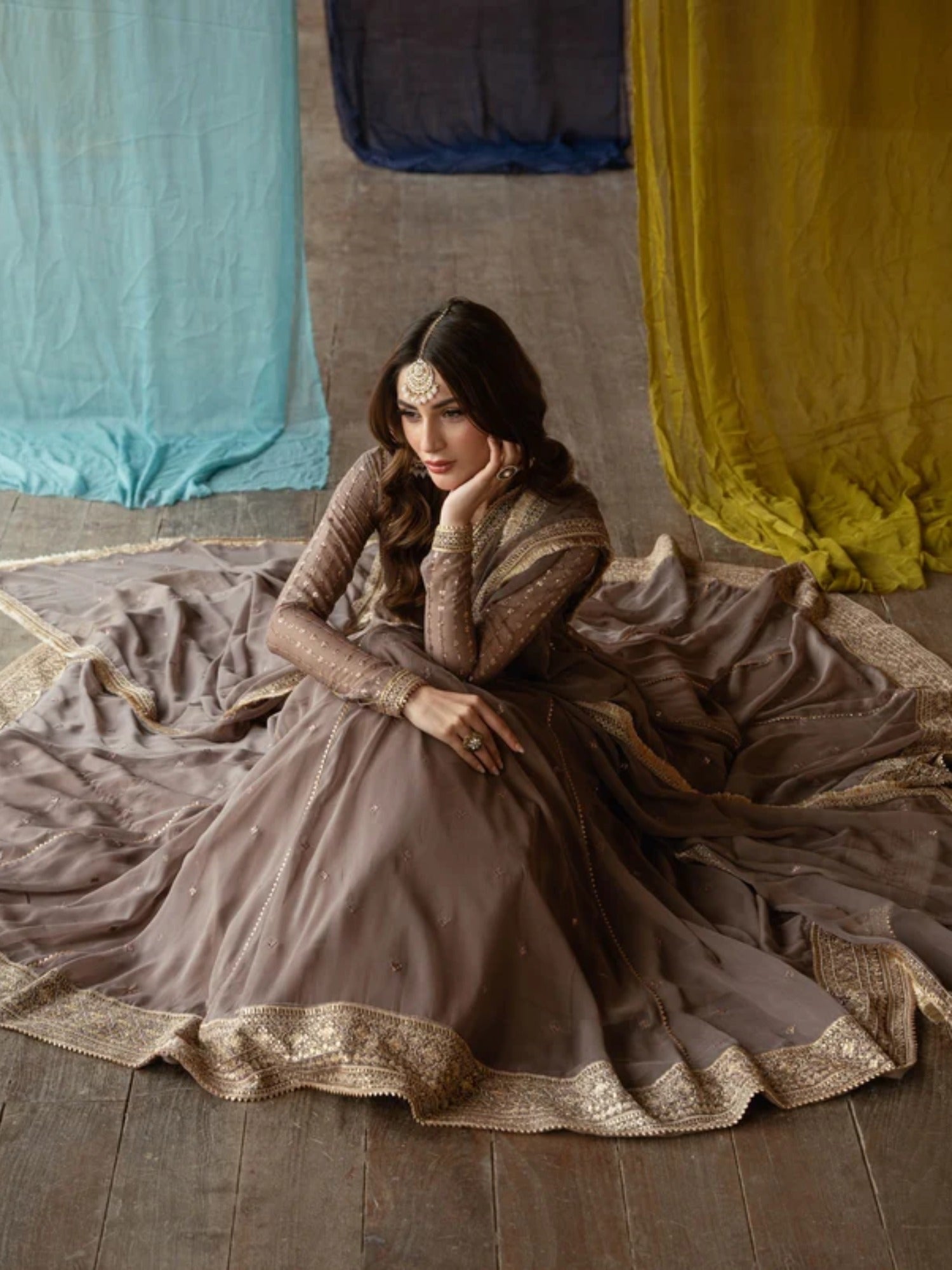 Brown-Hani & Umaima Chiffon Embroidered Pishwas-Kaira