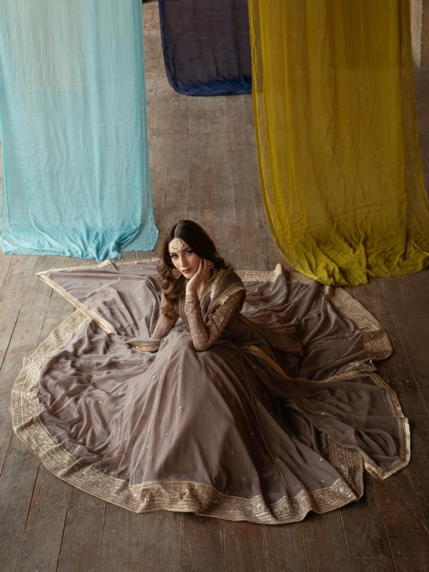Brown-Hani & Umaima Chiffon Embroidered Pishwas-Kaira