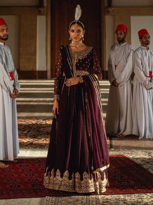 Purple-Hani & Umaima Chiffon Embroidered Pishwas-Floret