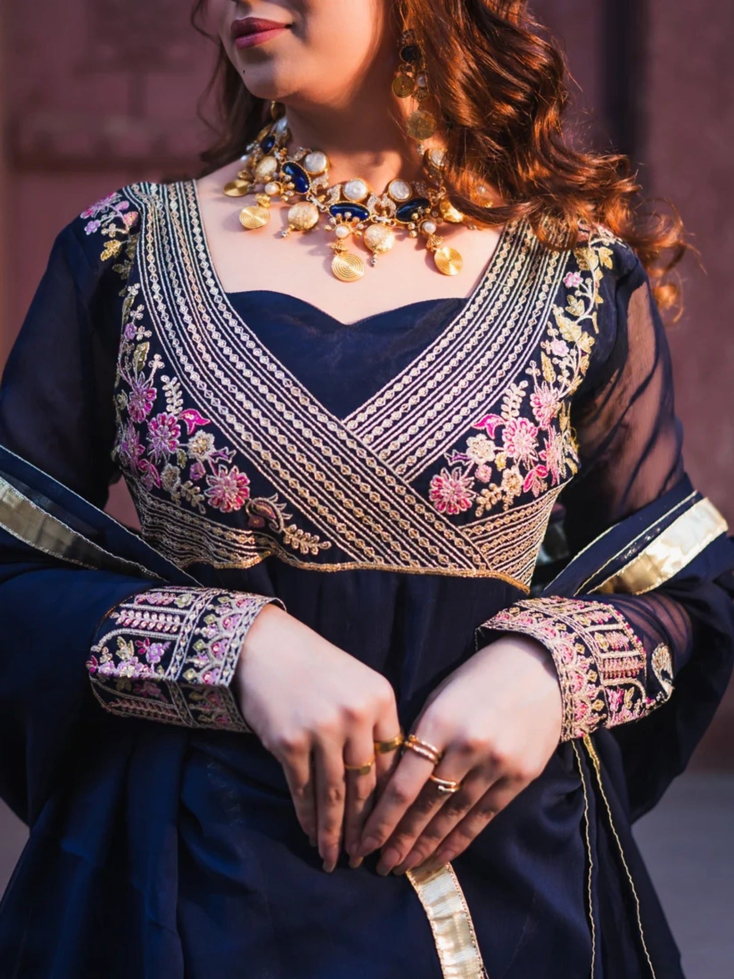 Blue-Hani & Umaima Chiffon Embroidered Pishwas-Ifrah