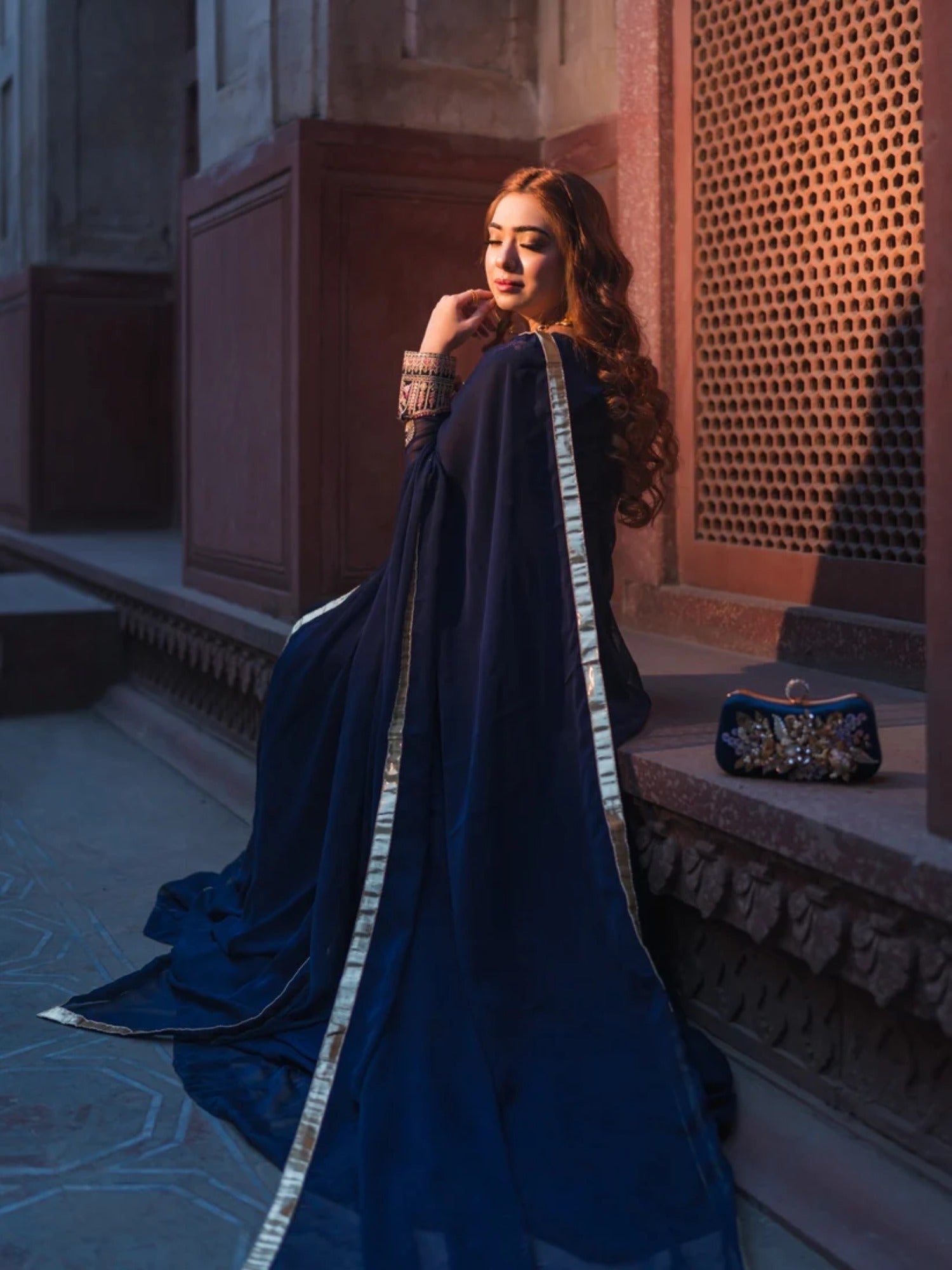 Blue-Hani & Umaima Chiffon Embroidered Pishwas-Ifrah