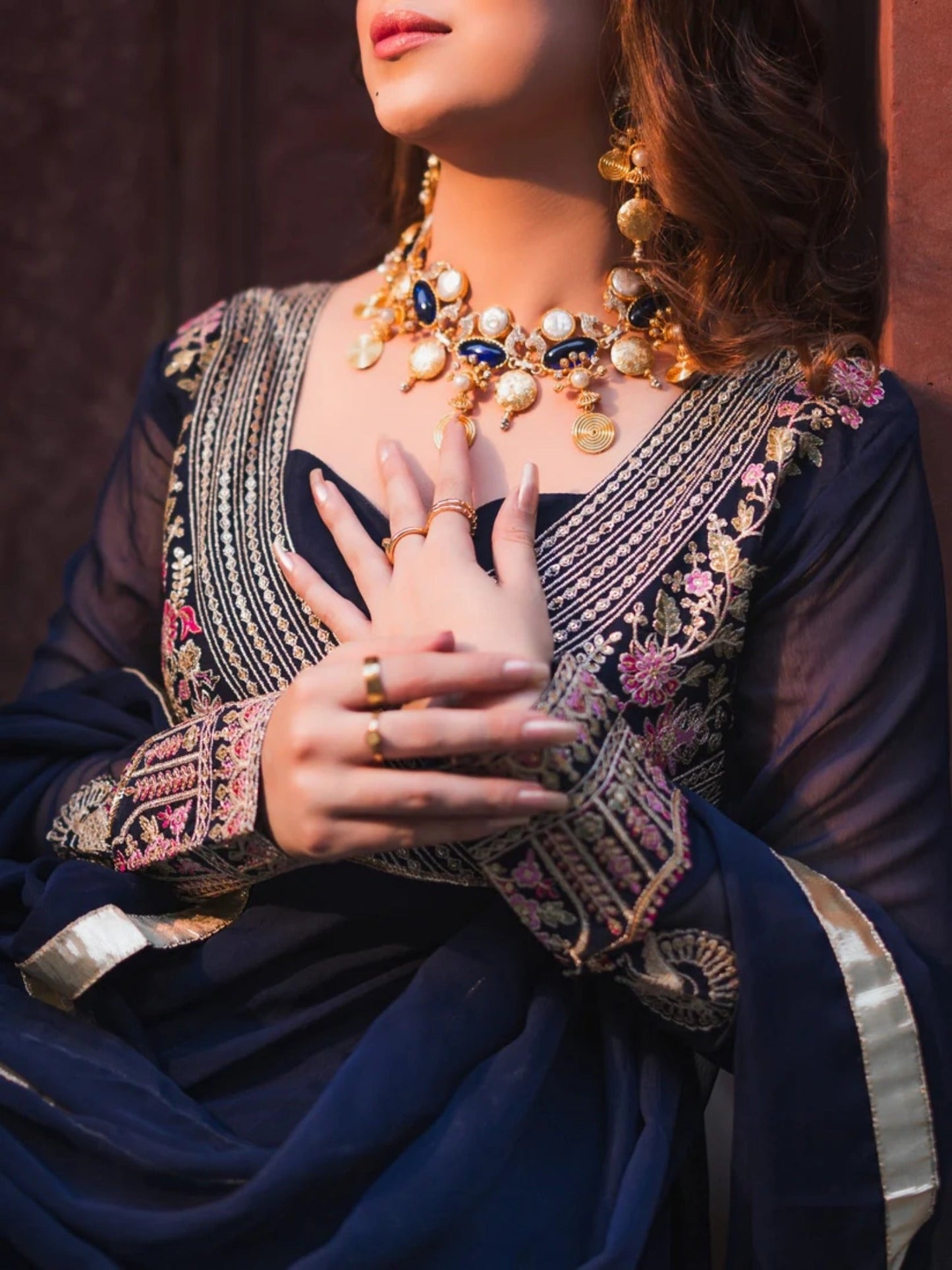 Blue-Hani & Umaima Chiffon Embroidered Pishwas-Ifrah