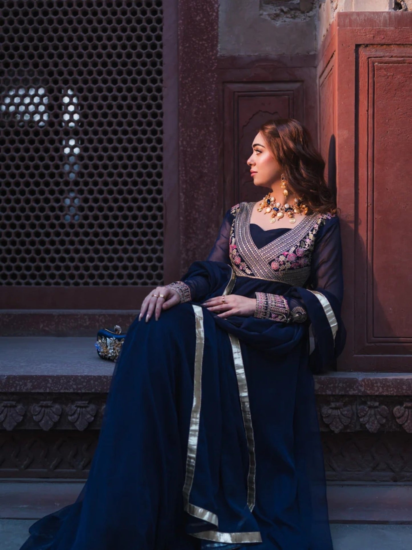 Blue-Hani & Umaima Chiffon Embroidered Pishwas-Ifrah