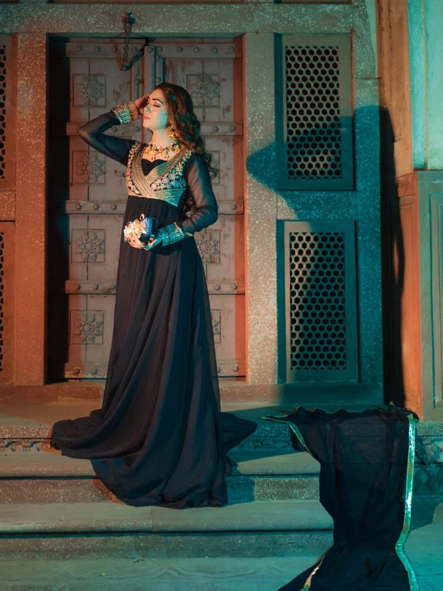 Blue-Hani & Umaima Chiffon Embroidered Pishwas-Ifrah