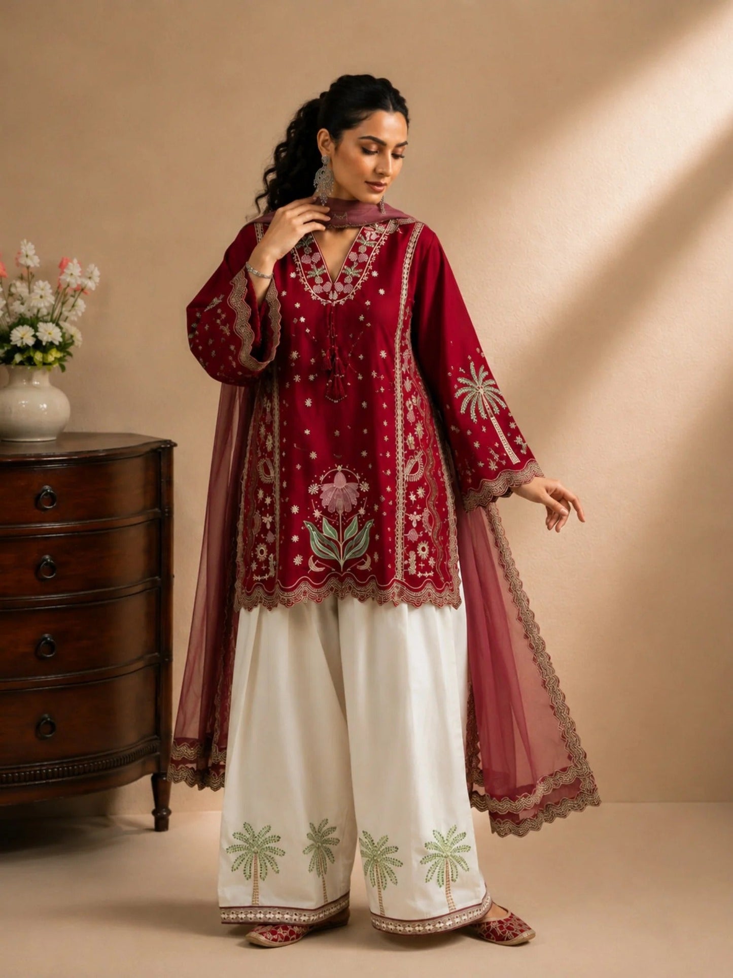 Maroon-Tawakal Closet Cotton Embroidered Stitched 3-Piece Suit-Ruby