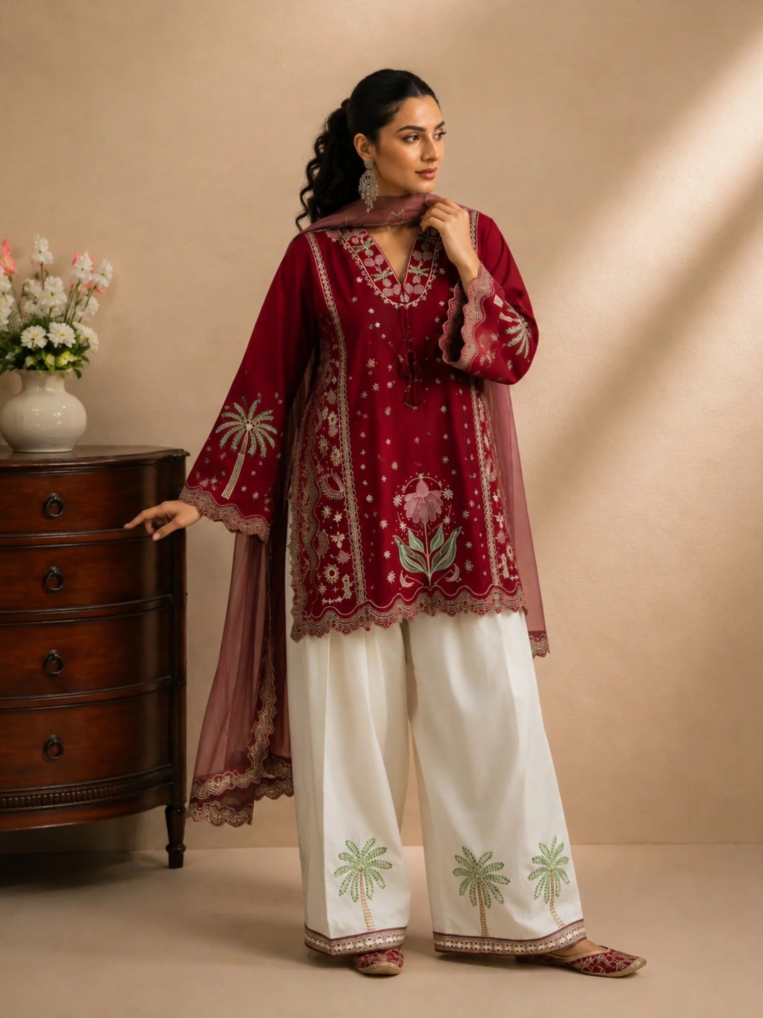 Maroon-Tawakal Closet Cotton Embroidered Stitched 3-Piece Suit-Ruby