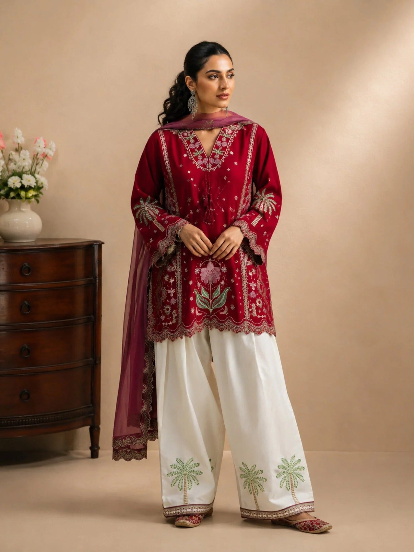Maroon-Tawakal Closet Cotton Embroidered Stitched 3-Piece Suit-Ruby