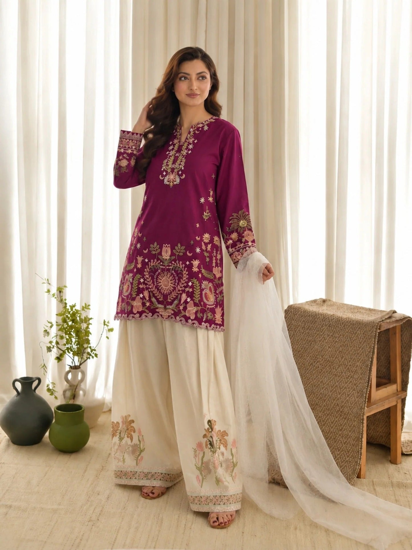 Mulberry -Tawakal Closet Cotton Embroidered Stitched 3-Piece Suit-Mulbury Bloom