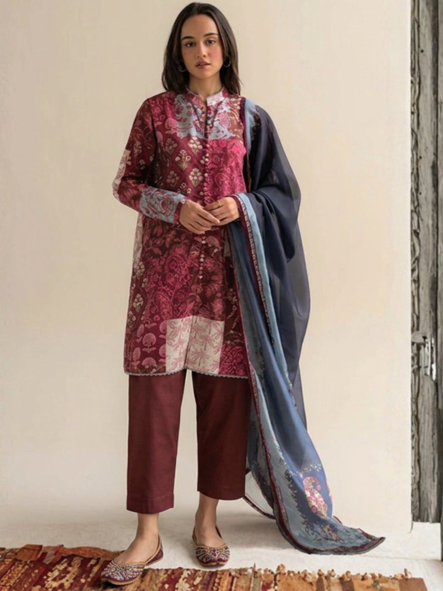 Coco By Zara Shahjahan Lawn Printed Unstitched 3-Piece Suit-Mevi-5A maroon