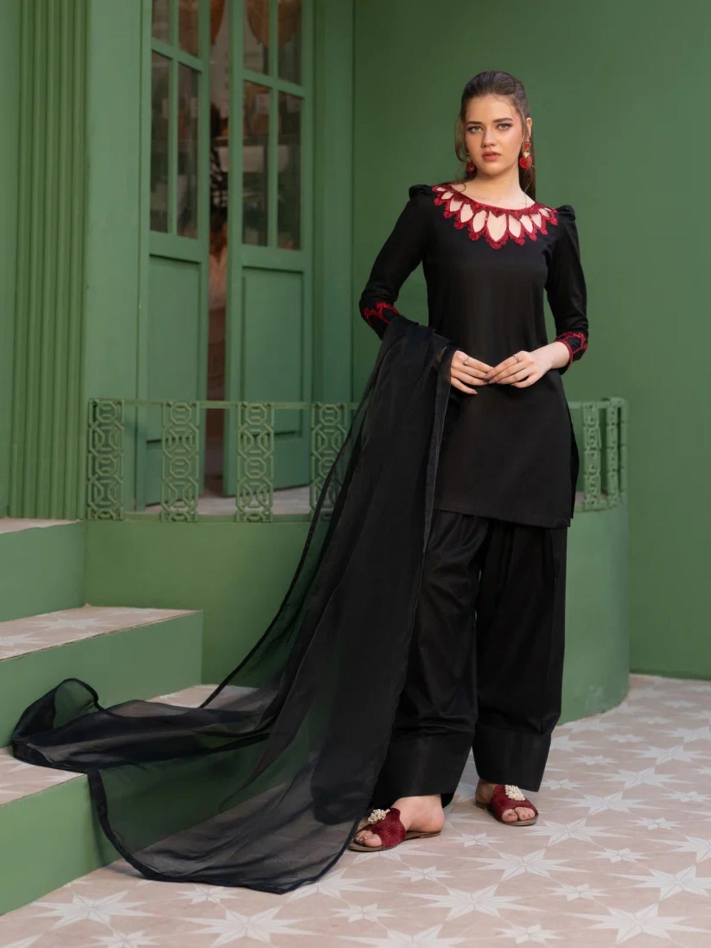 Black -Hani & Umaima Cotton Embroidered Stitched 3-Piece Suit-Anora