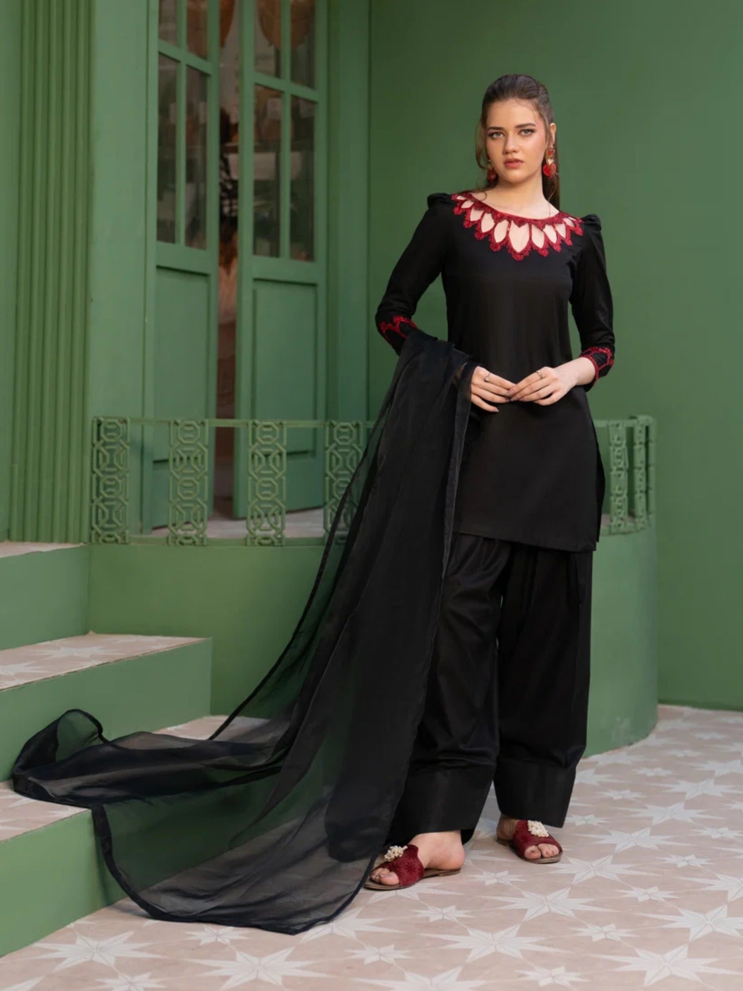 Black -Hani & Umaima Cotton Embroidered Stitched 3-Piece Suit-Anora