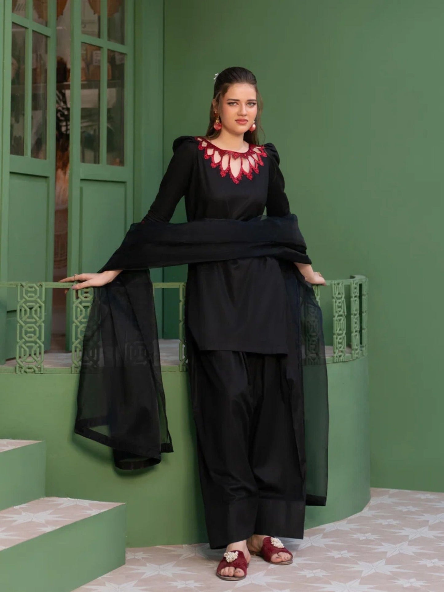 Black -Hani & Umaima Cotton Embroidered Stitched 3-Piece Suit-Anora
