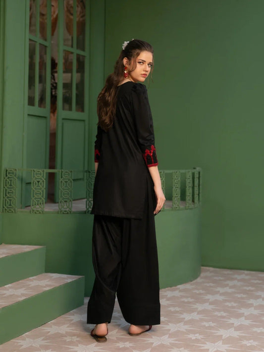 Black -Hani & Umaima Cotton Embroidered Stitched 3-Piece Suit-Anora