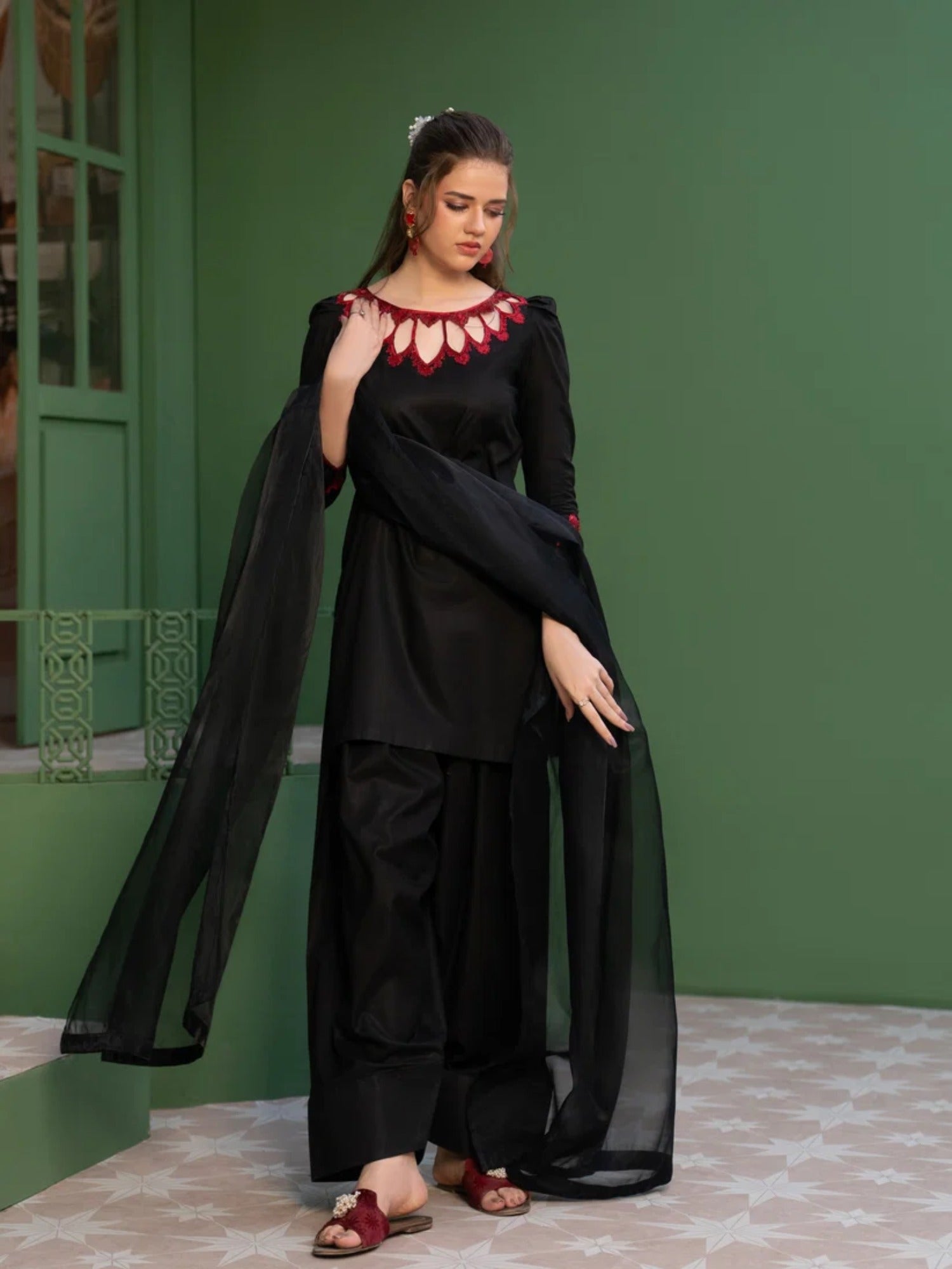 Black -Hani & Umaima Cotton Embroidered Stitched 3-Piece Suit-Anora