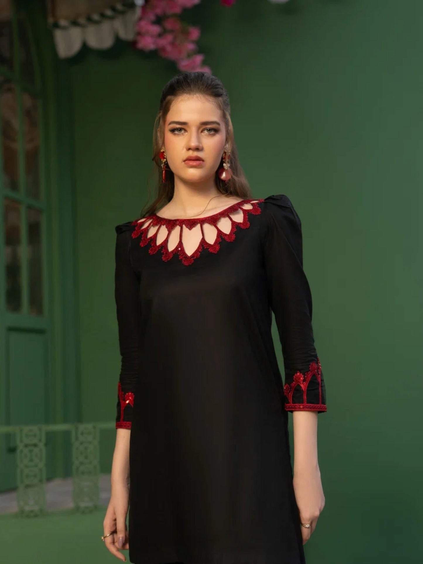 Black -Hani & Umaima Cotton Embroidered Stitched 3-Piece Suit-Anora