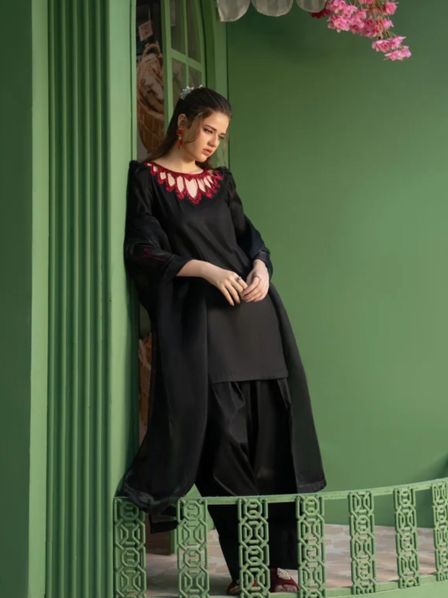 Black -Hani & Umaima Cotton Embroidered Stitched 3-Piece Suit-Anora