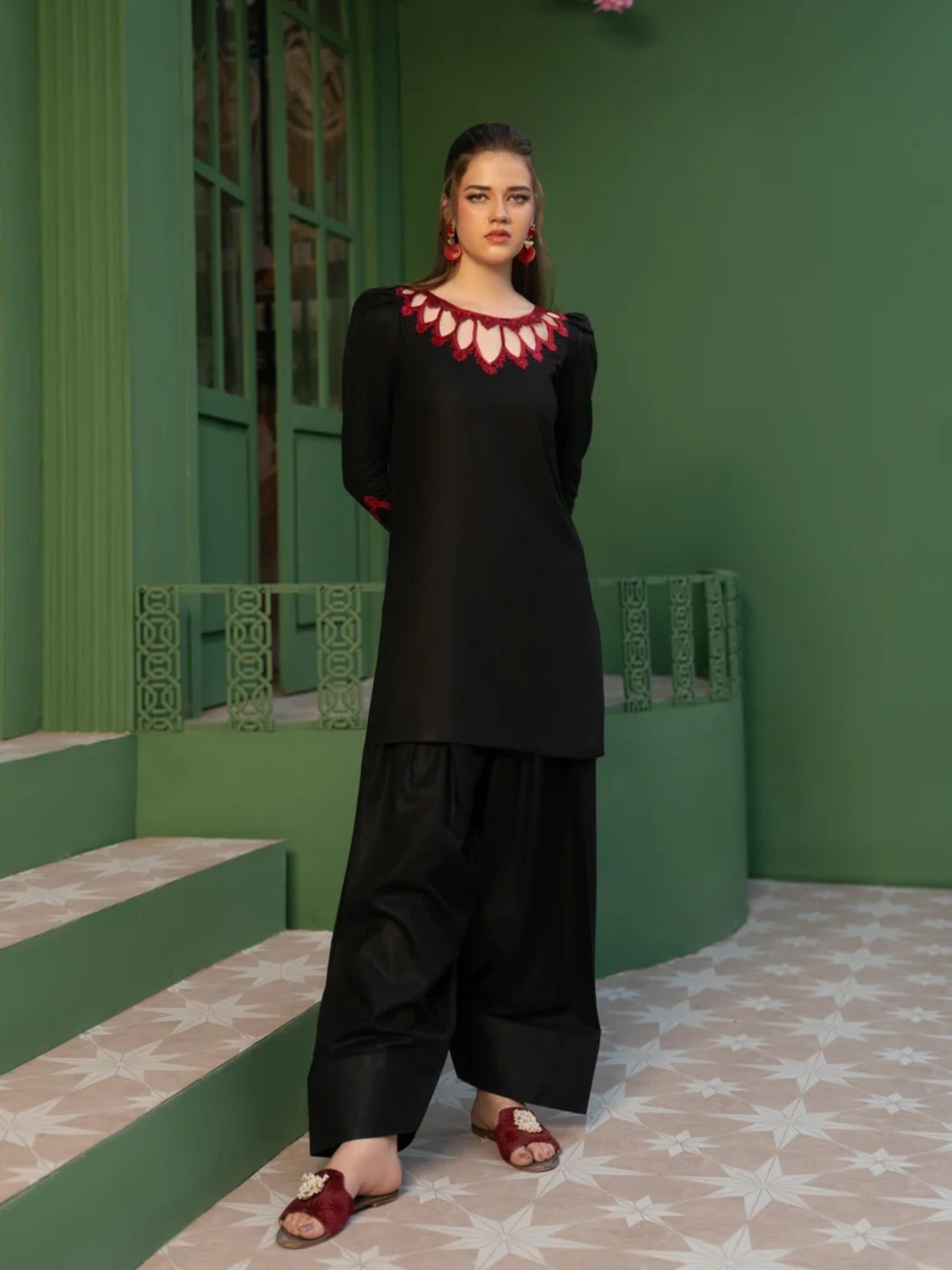 Black -Hani & Umaima Cotton Embroidered Stitched 3-Piece Suit-Anora