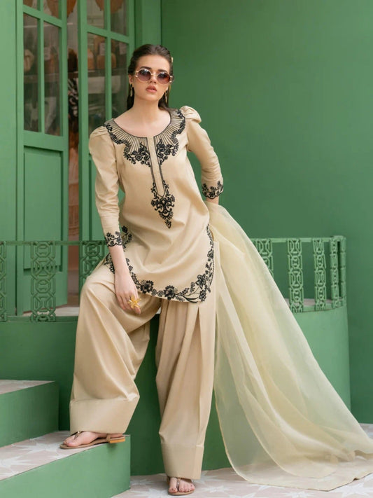 Beige-Hani & Umaima Cotton Embroidered Stitched 3-Piece Suit-Ayera