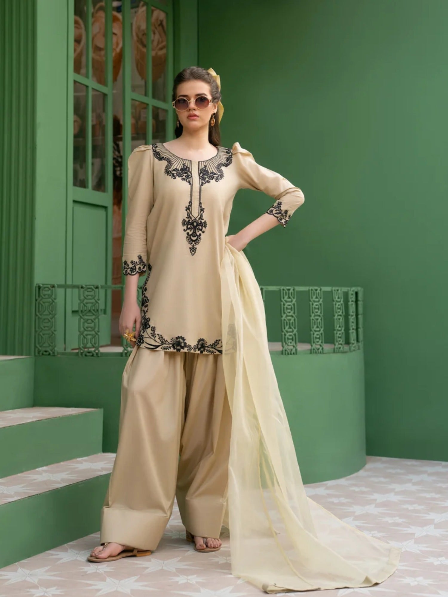 Beige-Hani & Umaima Cotton Embroidered Stitched 3-Piece Suit-Ayera