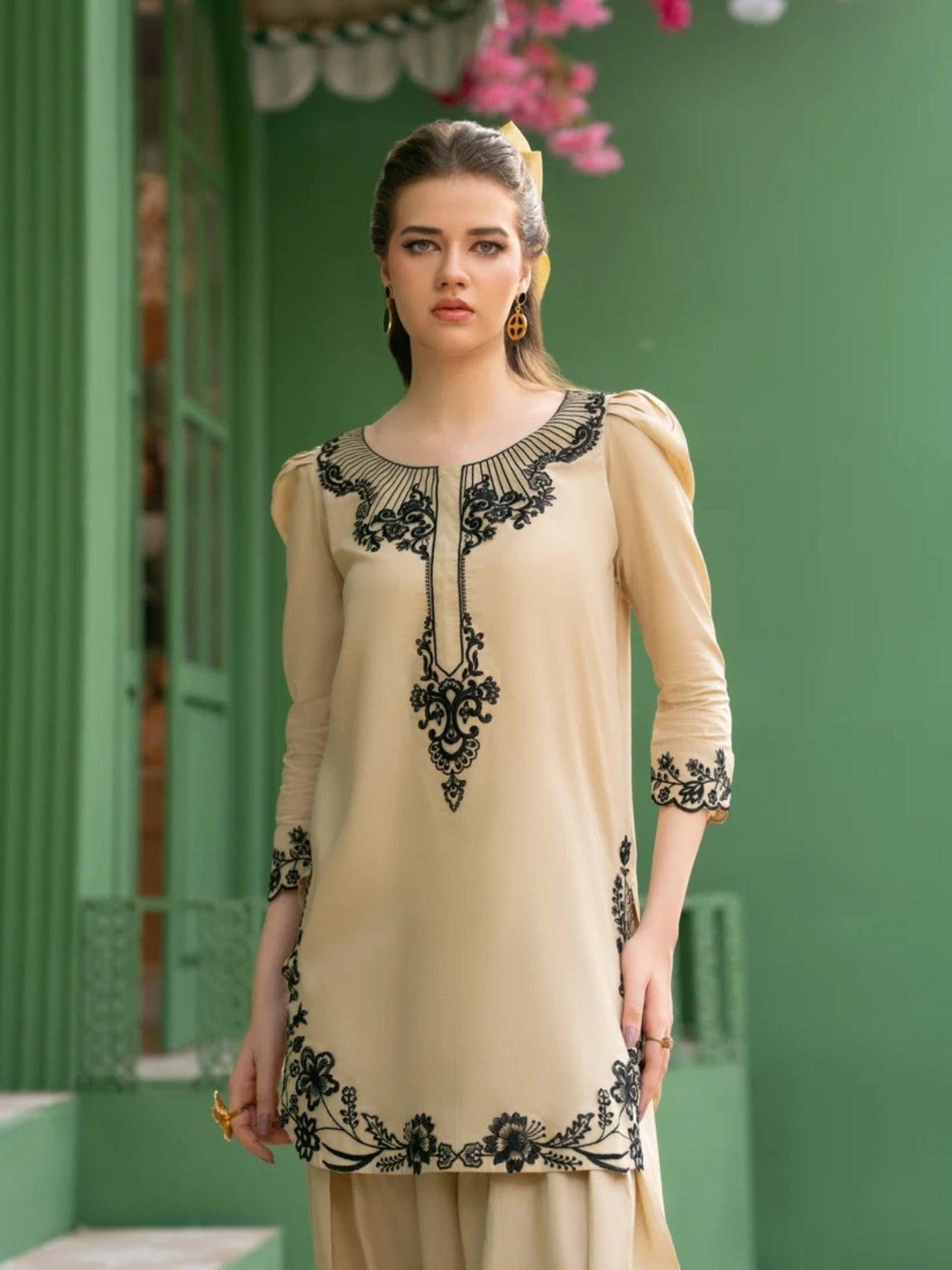 Beige-Hani & Umaima Cotton Embroidered Stitched 3-Piece Suit-Ayera