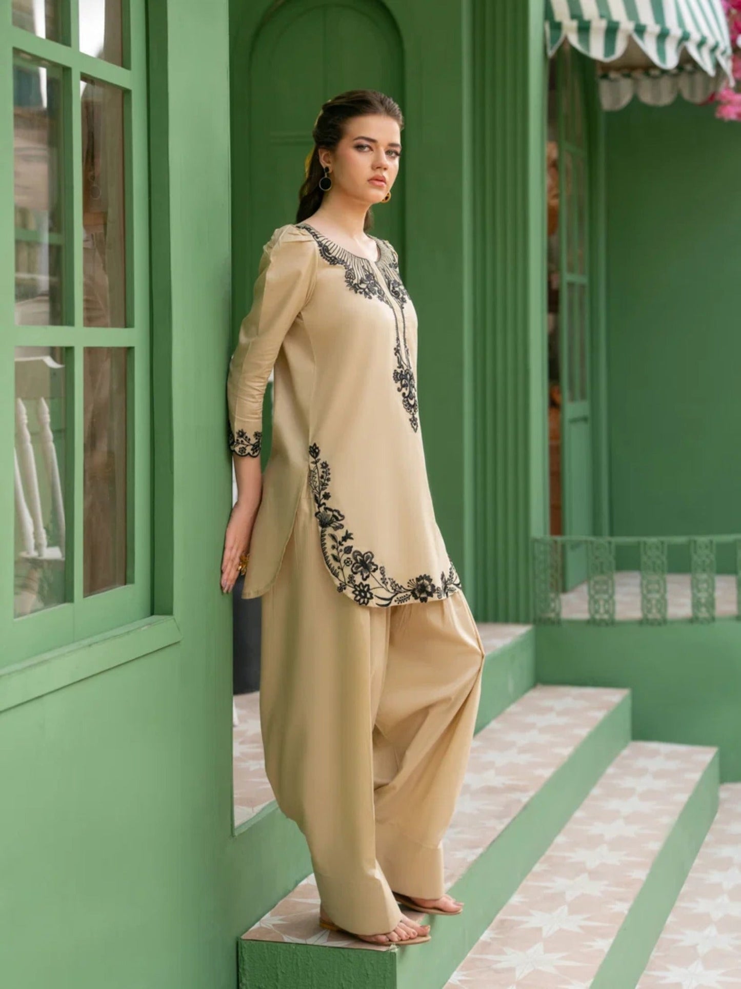 Beige-Hani & Umaima Cotton Embroidered Stitched 3-Piece Suit-Ayera