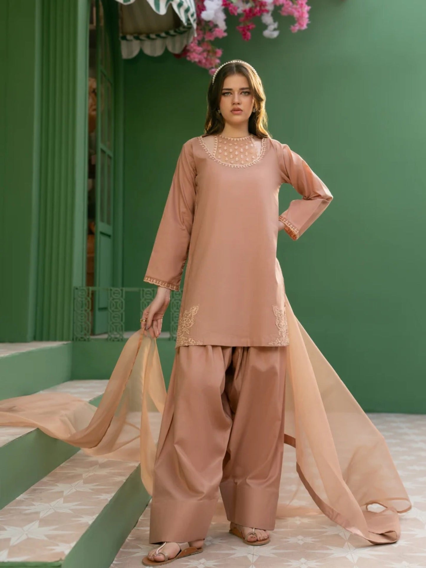 Pink-Hani & Umaima Cotton Embroidered Stitched 3-Piece Suit-Lilly