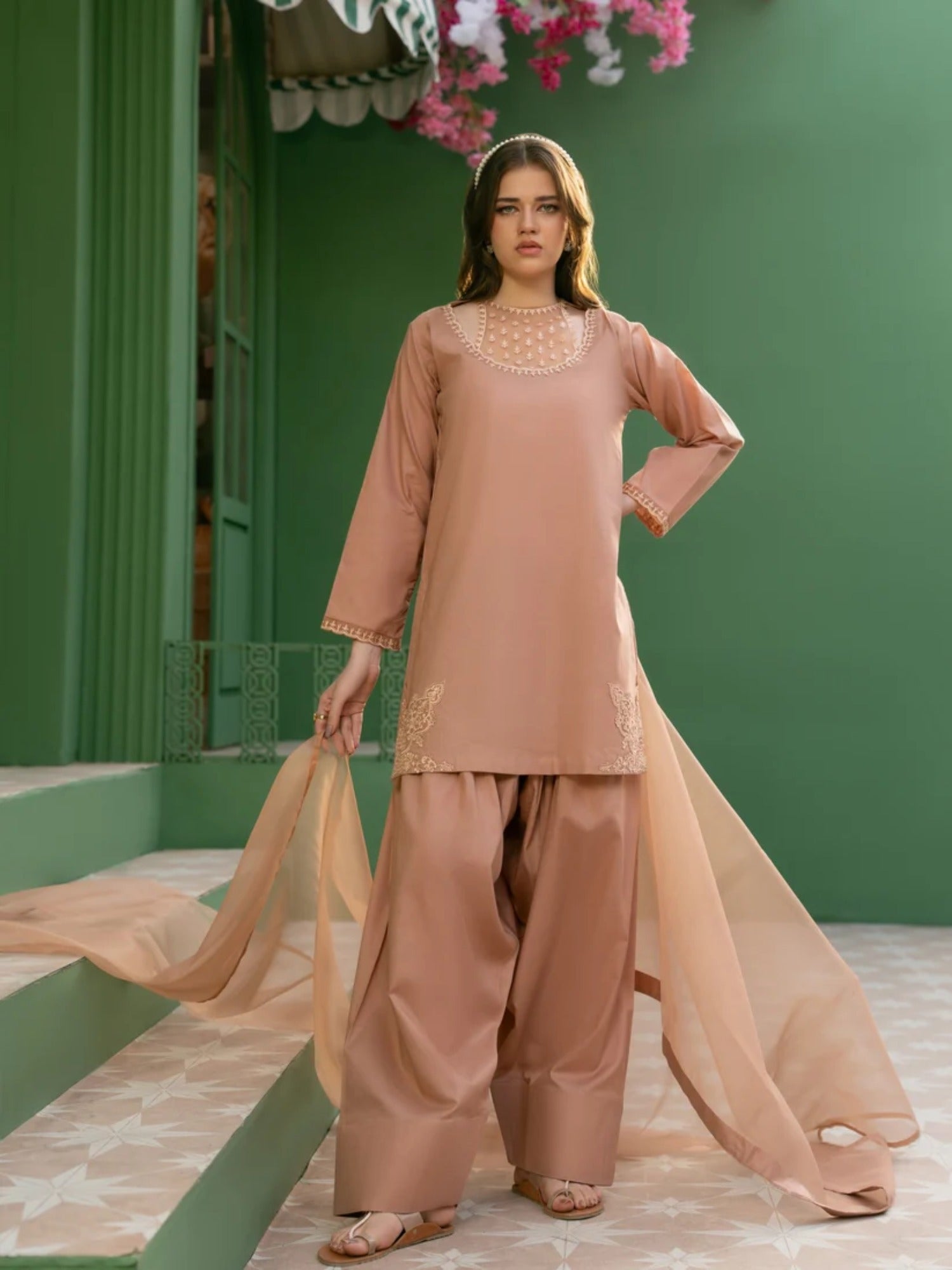 Pink-Hani & Umaima Cotton Embroidered Stitched 3-Piece Suit-Lilly
