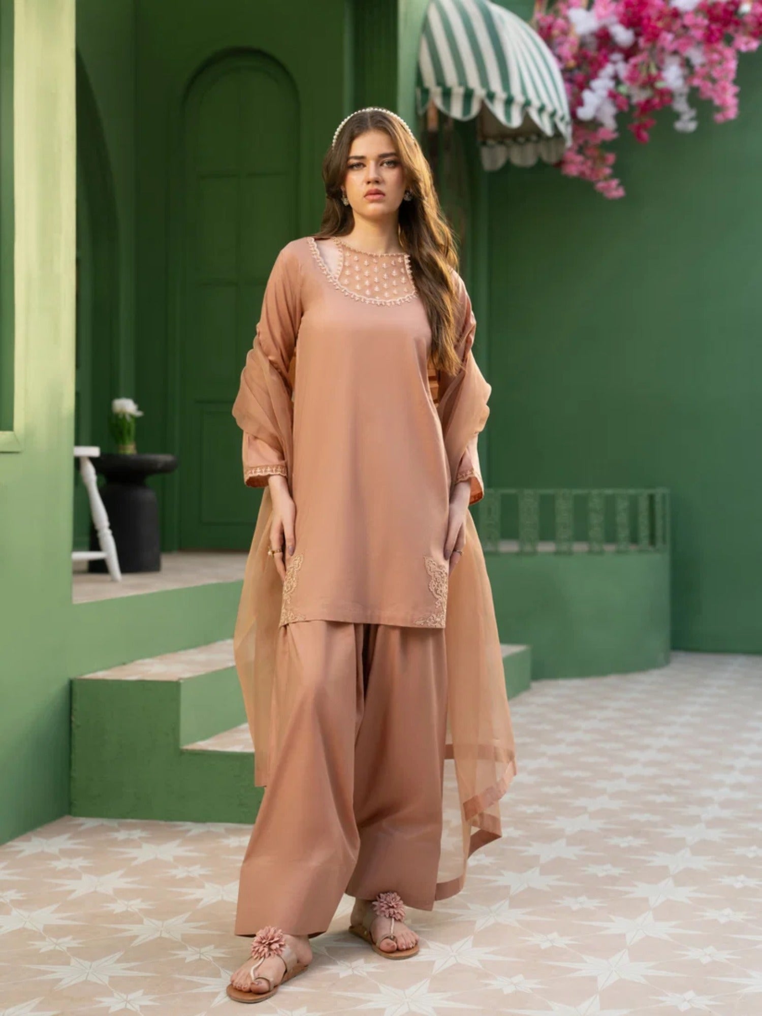 Pink-Hani & Umaima Cotton Embroidered Stitched 3-Piece Suit-Lilly