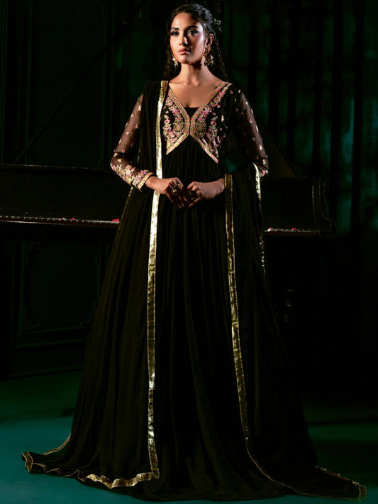 Black-Hani & Umaima Chiffon Embroidered Pishwas-Laraib