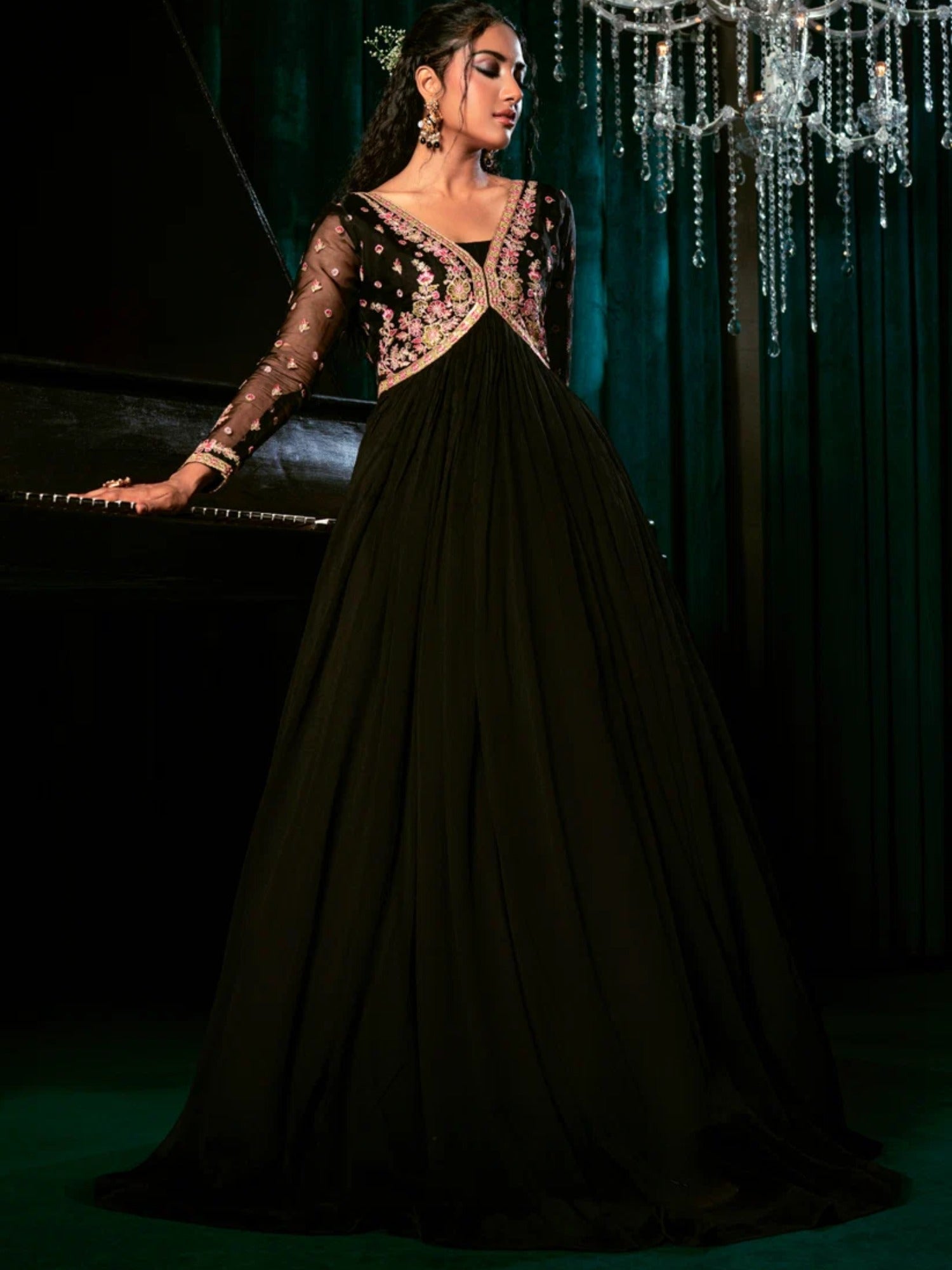 Black-Hani & Umaima Chiffon Embroidered Pishwas-Laraib