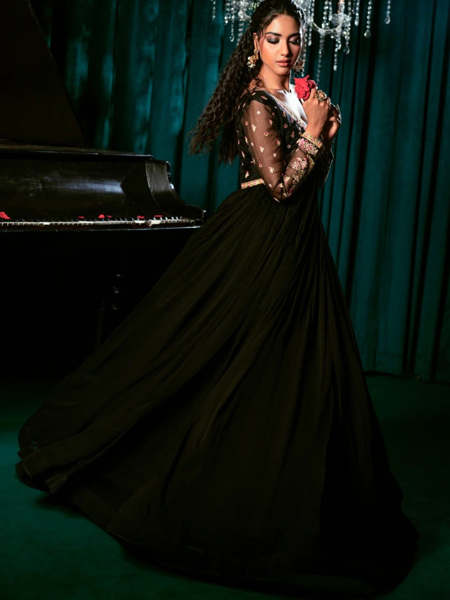 Black-Hani & Umaima Chiffon Embroidered Pishwas-Laraib