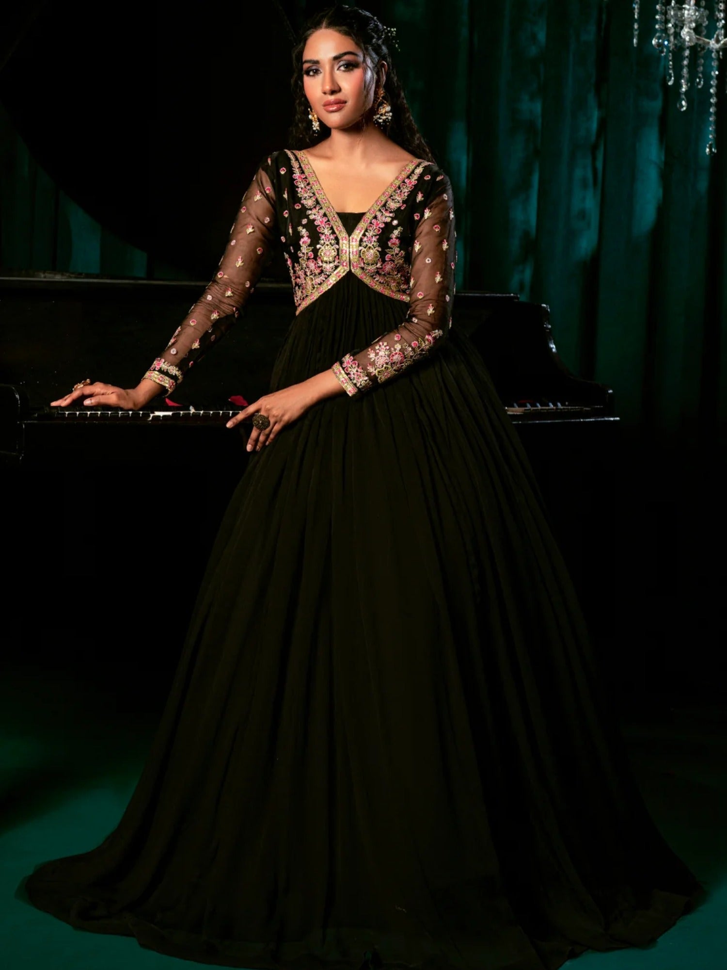 Black-Hani & Umaima Chiffon Embroidered Pishwas-Laraib