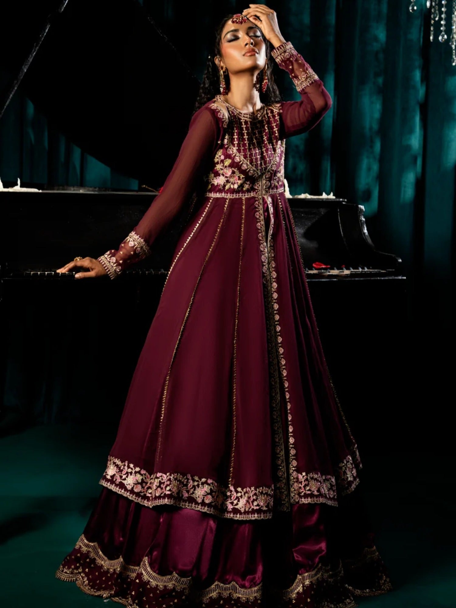 Purple-Hani & Umaima Chiffon Embroidered Pishwas-Zimal