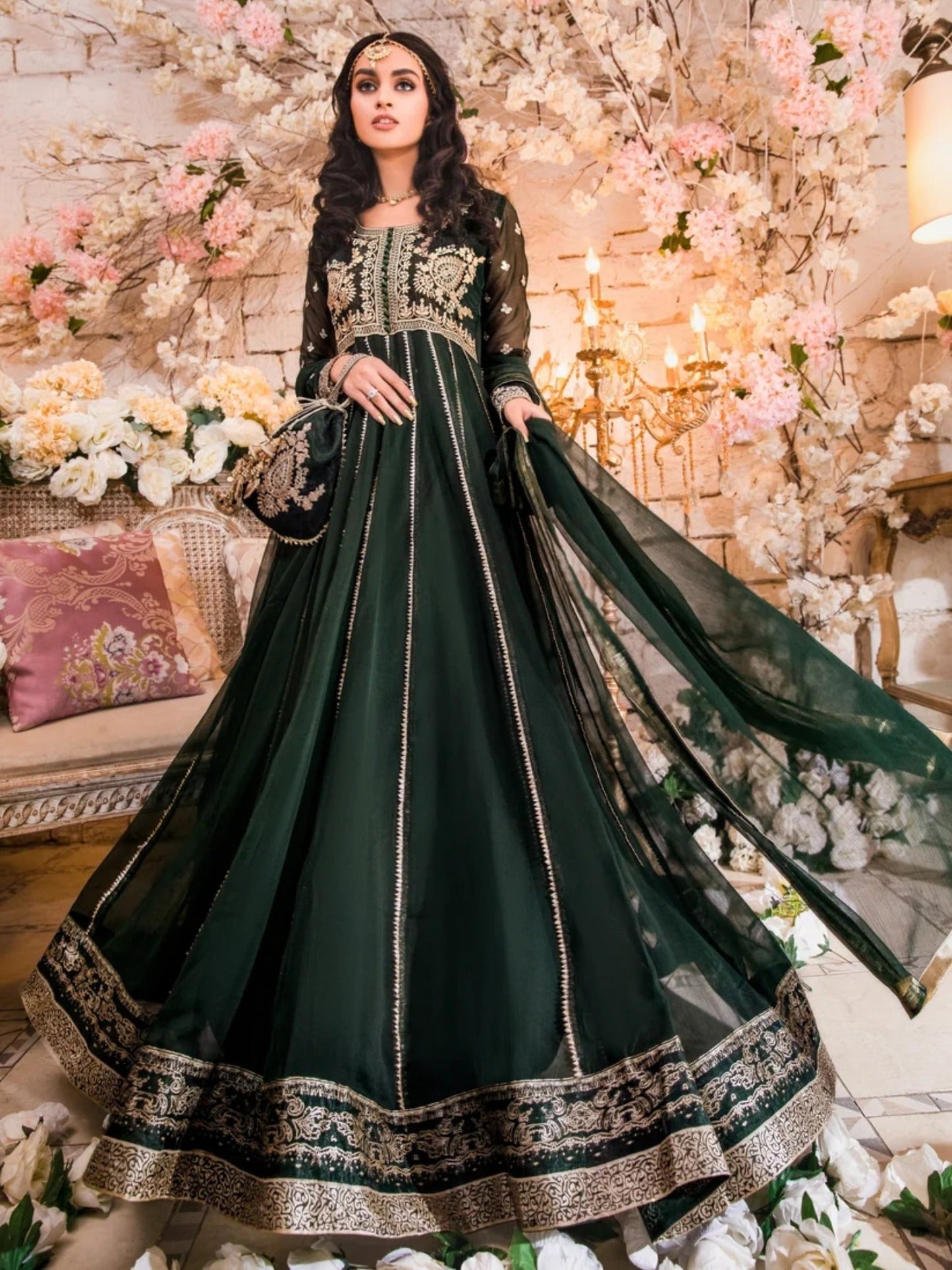 Green-Hani & Umaima Chiffon Embroidered Pishwas-Noor
