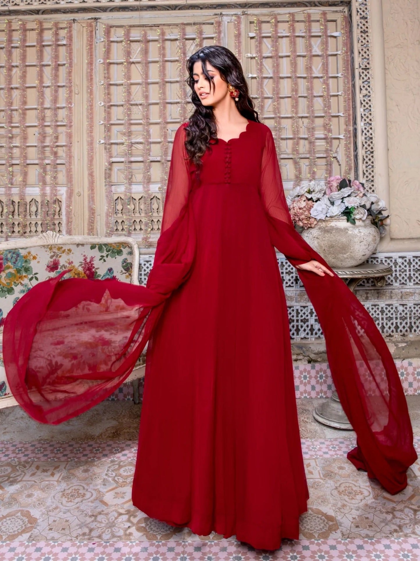 Maroon-Hani & Umaima Chiffon Pishwas-Laila