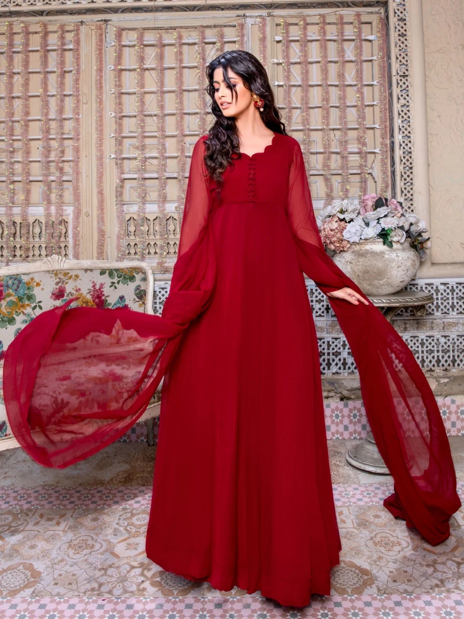 Maroon-Hani & Umaima Chiffon Pishwas-Laila