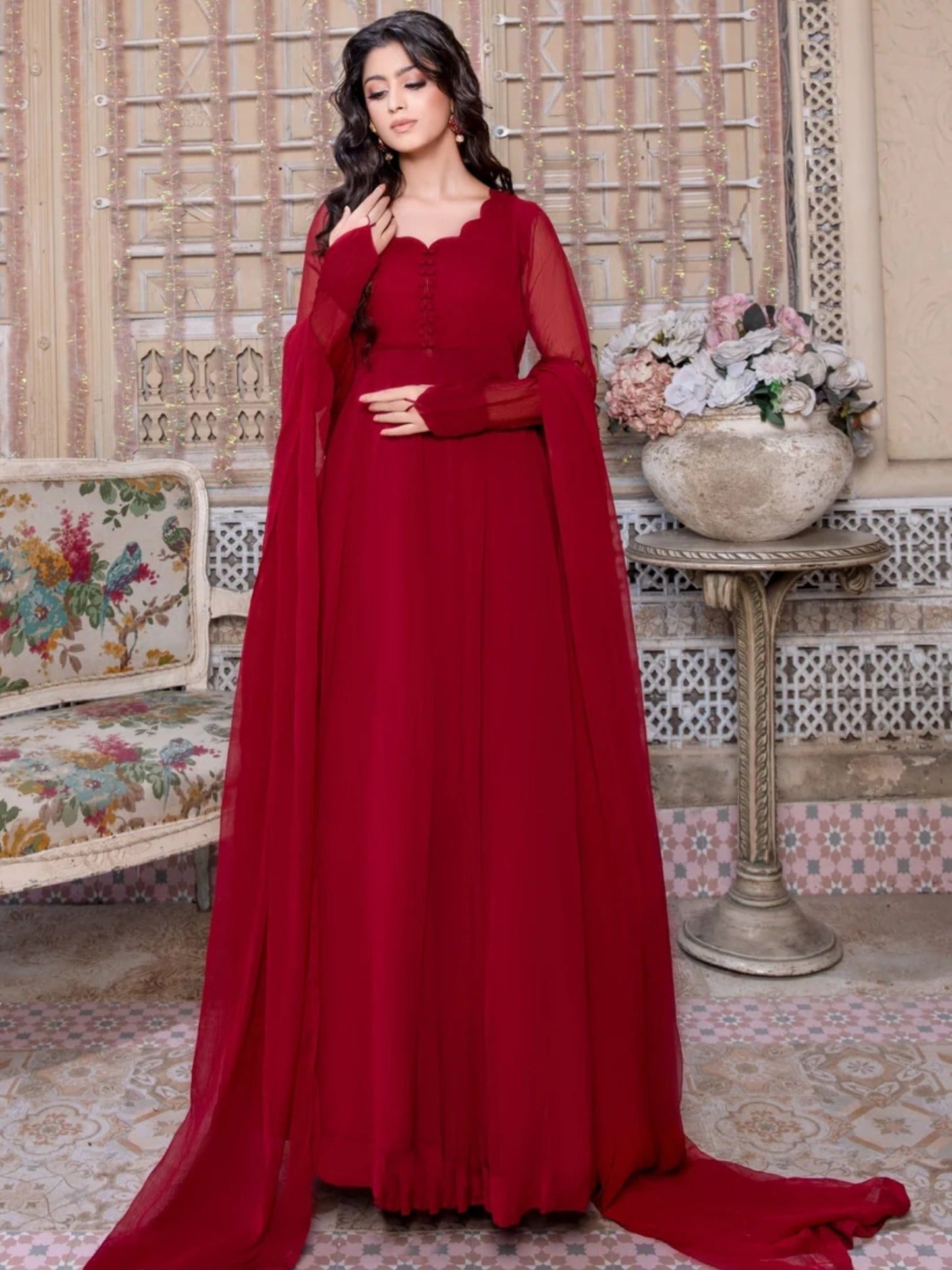 Maroon-Hani & Umaima Chiffon Pishwas-Laila
