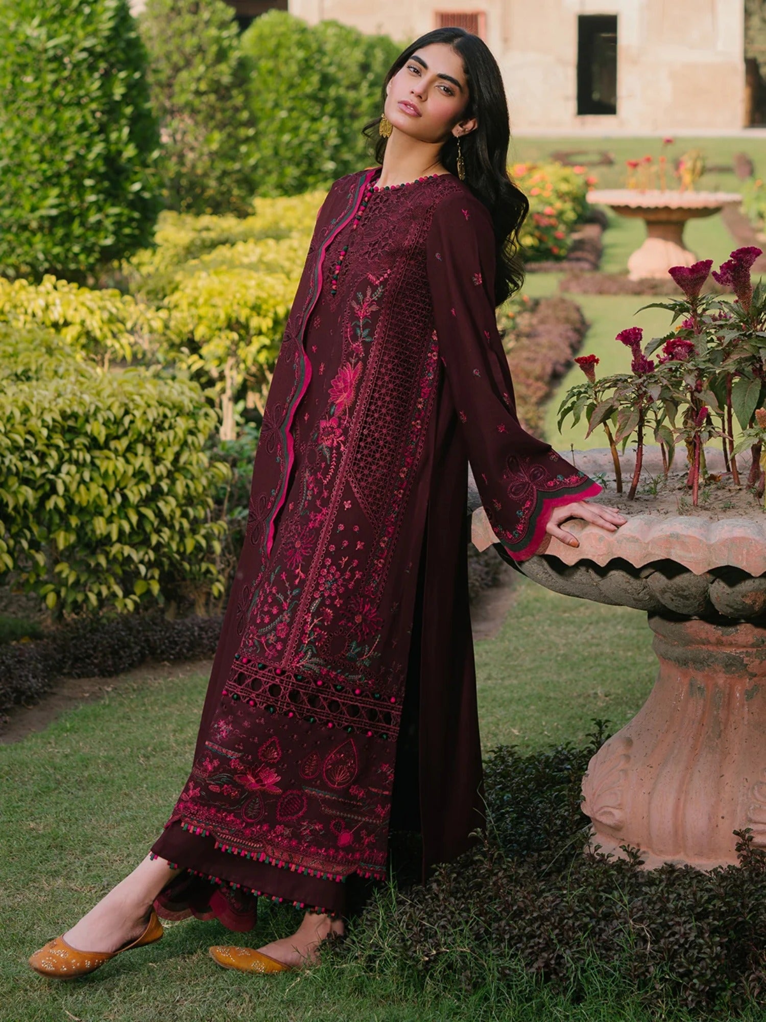 Maroon Binilyas Lawn Embroidered Unstitched 3-Piece Suit-154 B