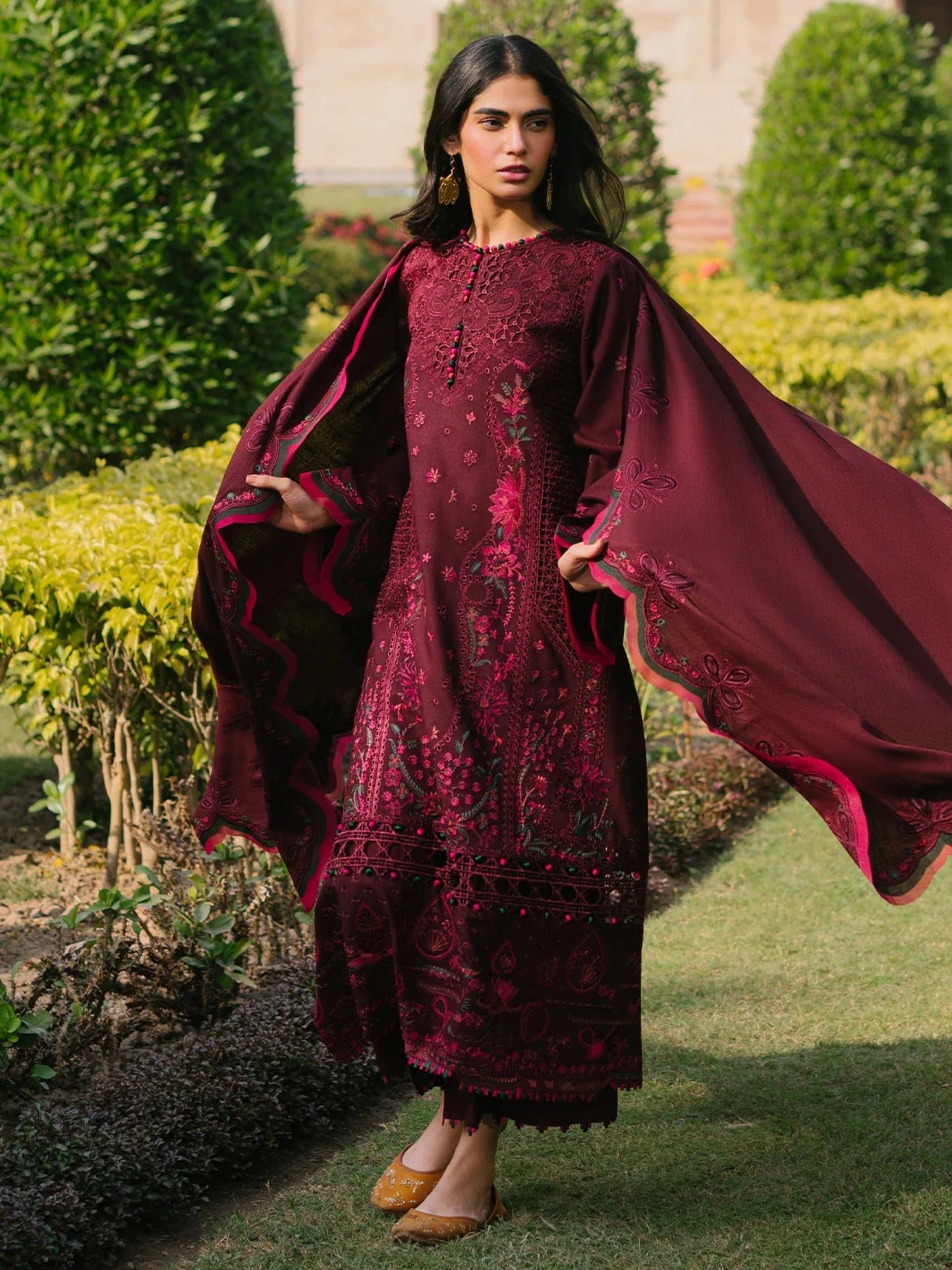 Maroon Binilyas Lawn Embroidered Unstitched 3-Piece Suit-154 B