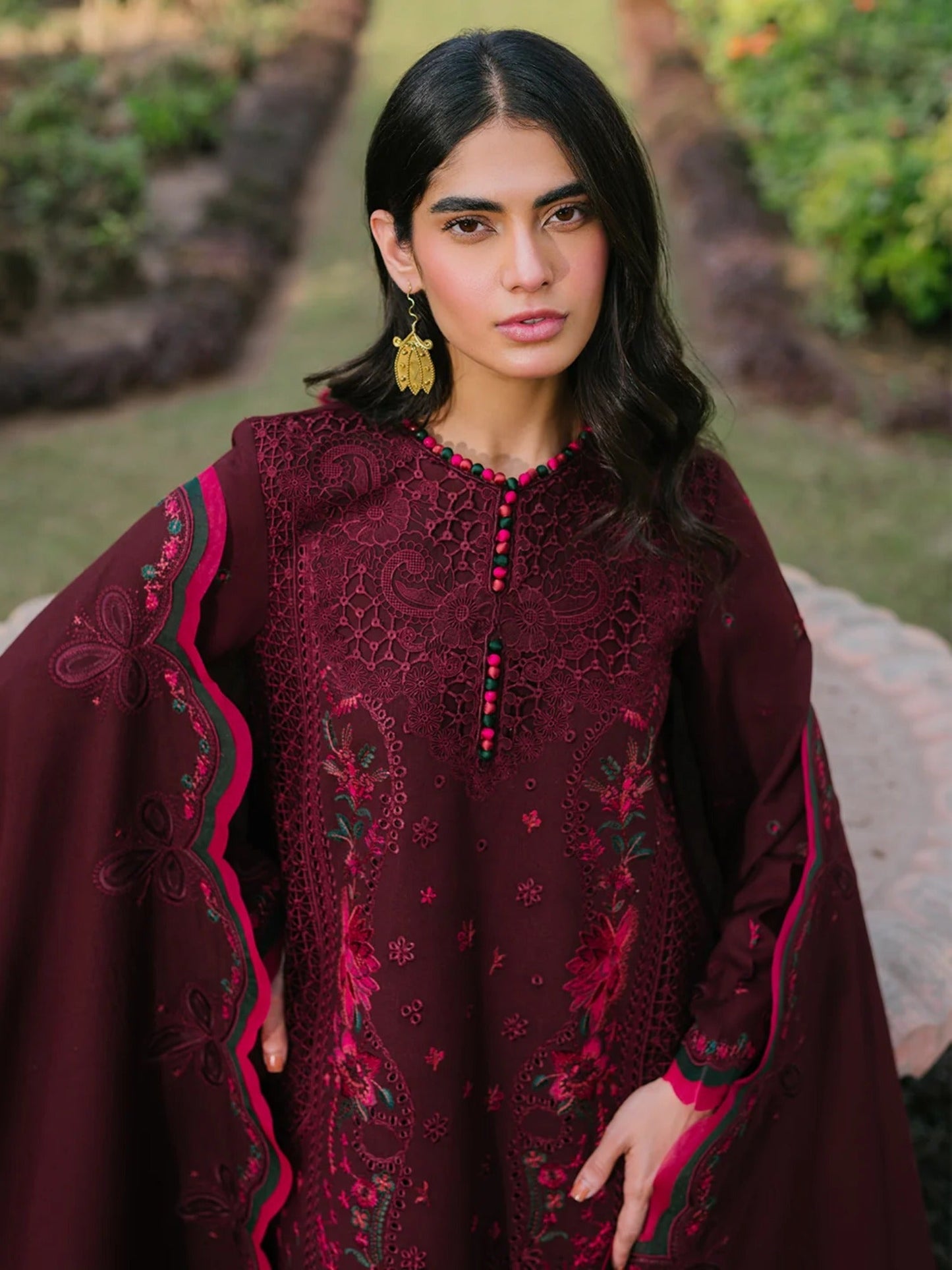 Maroon Binilyas Lawn Embroidered Unstitched 3-Piece Suit-154 B