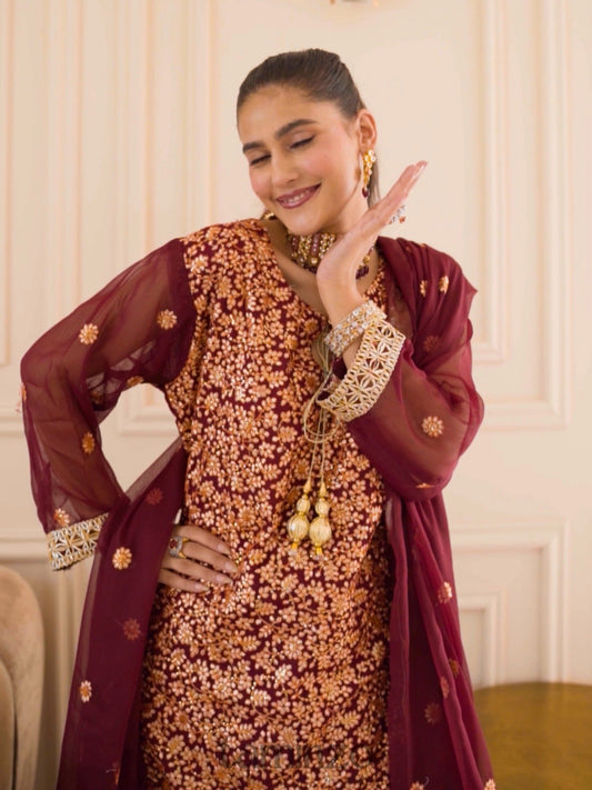 Savarna Chiffon Embroidered Sharara-Maroon-60