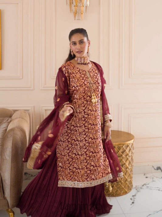 Savarna Chiffon Embroidered Sharara-Maroon-60