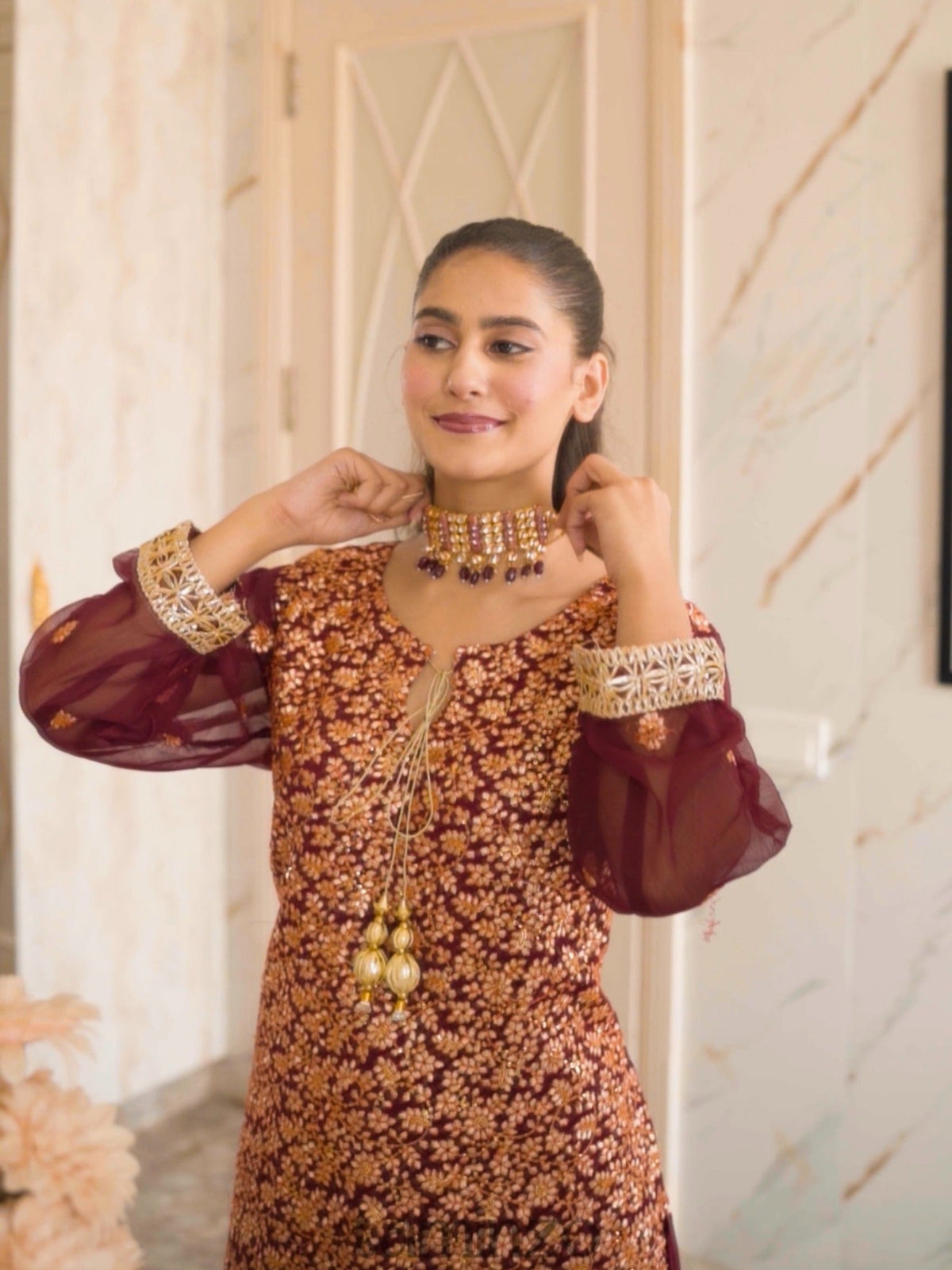 Savarna Chiffon Embroidered Sharara-Maroon-60