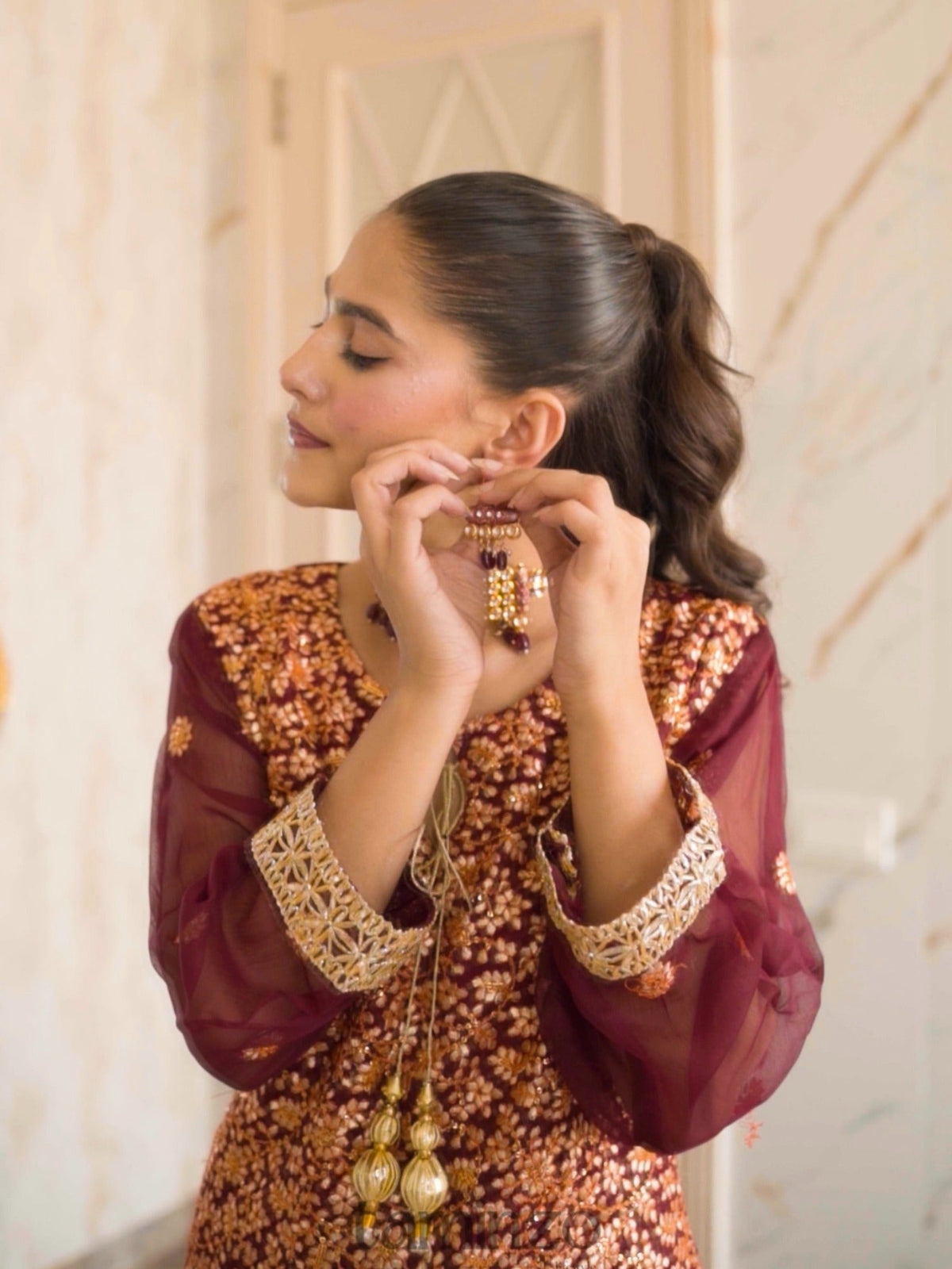 Savarna Chiffon Embroidered Sharara-Maroon-60