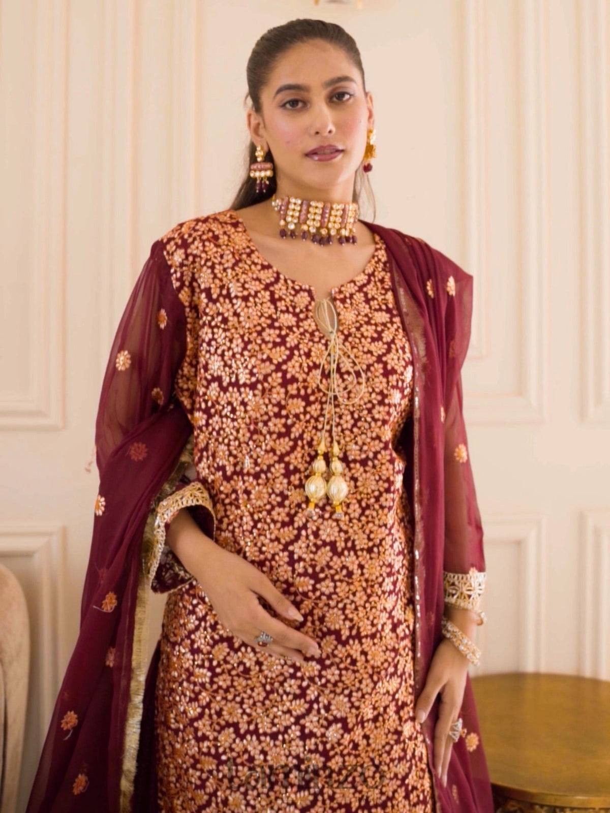 Savarna Chiffon Embroidered Sharara-Maroon-60