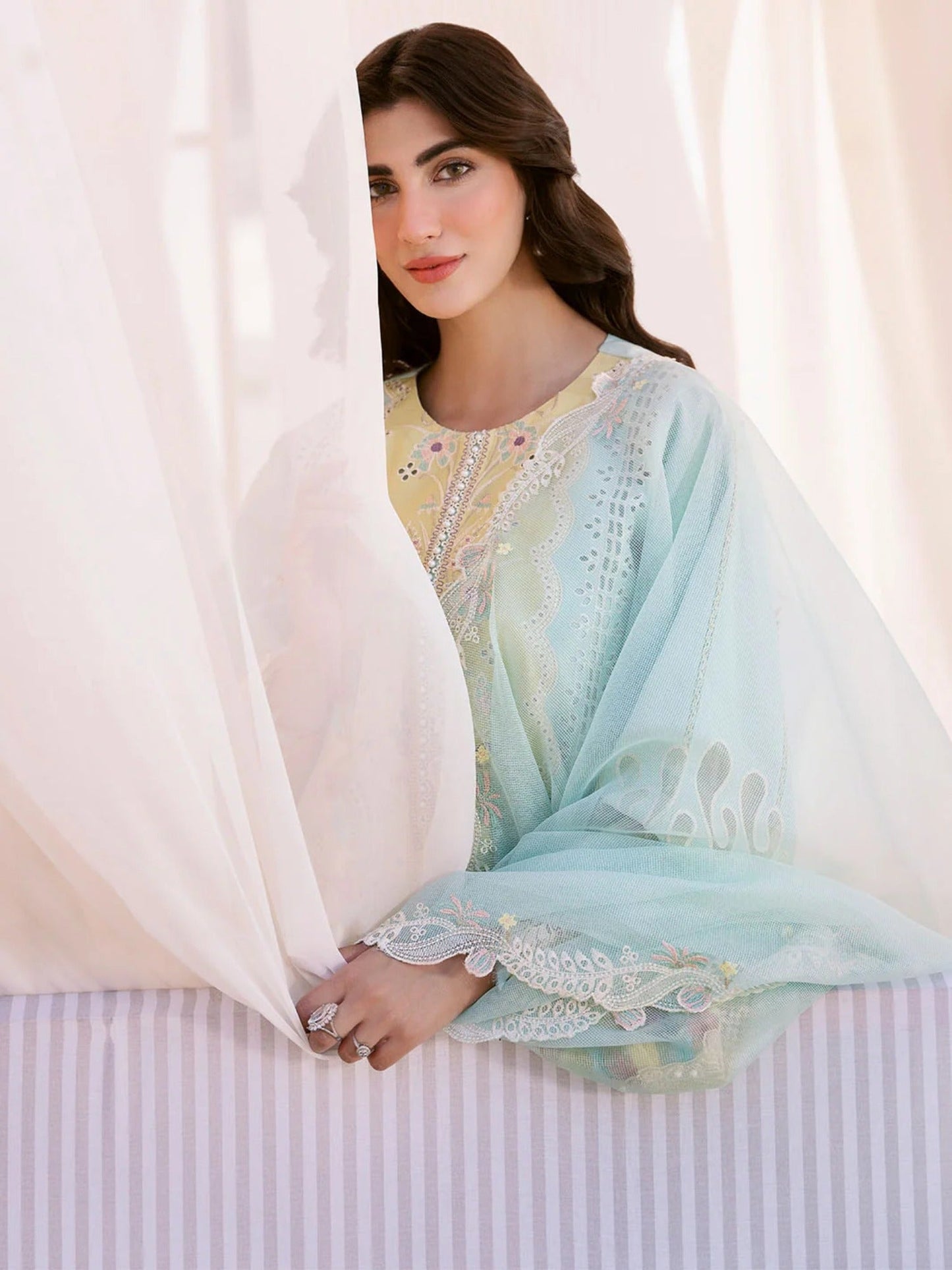 Blue and Cream-Binilyas Lawn Embroidered Unstitched 3-Piece Suit-216 - B