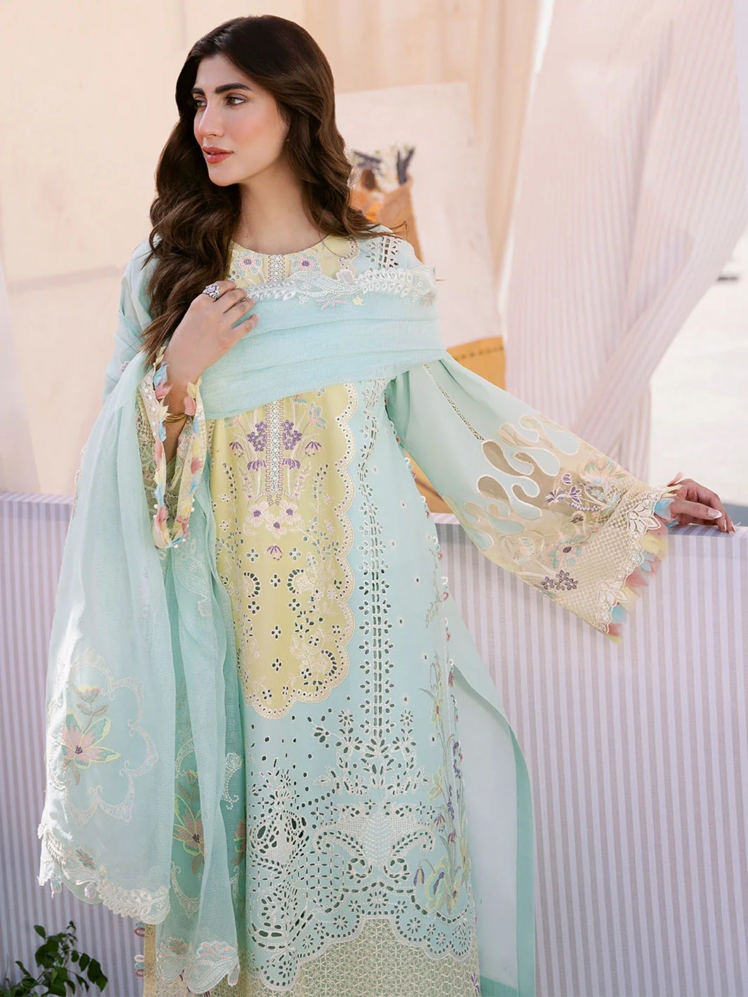 Blue and Cream-Binilyas Lawn Embroidered Unstitched 3-Piece Suit-216 - B