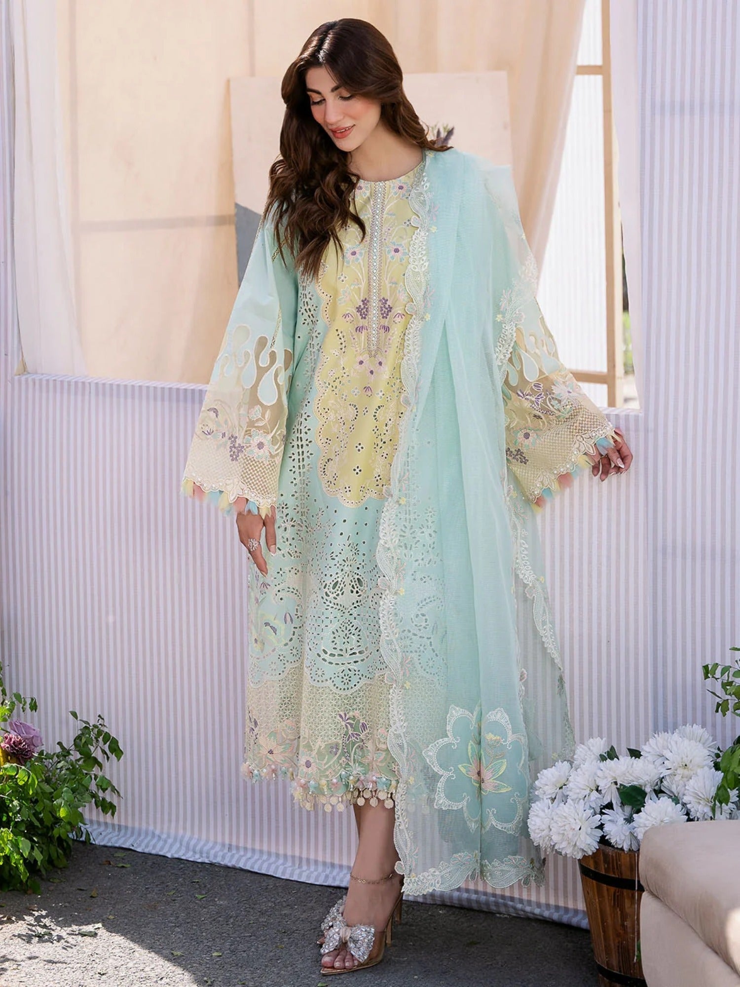 Blue and Cream-Binilyas Lawn Embroidered Unstitched 3-Piece Suit-216 - B